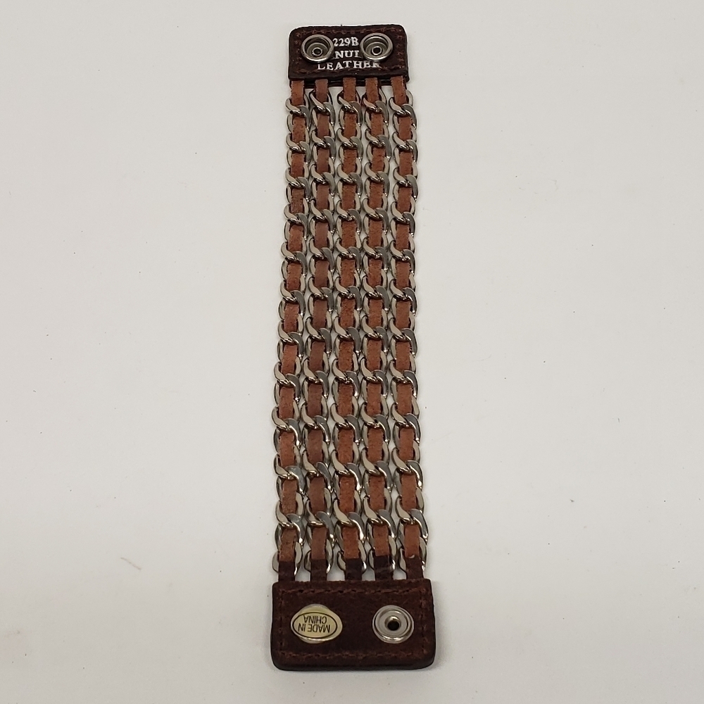 Womens Leather Metal Chain Links Bracelet Snap Closure - Picture 3 of 9